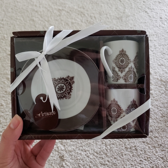 🤎Set of 2 Turkish coffee cup/espresso shot and saucer white/brown floral design - Picture 1 of 5